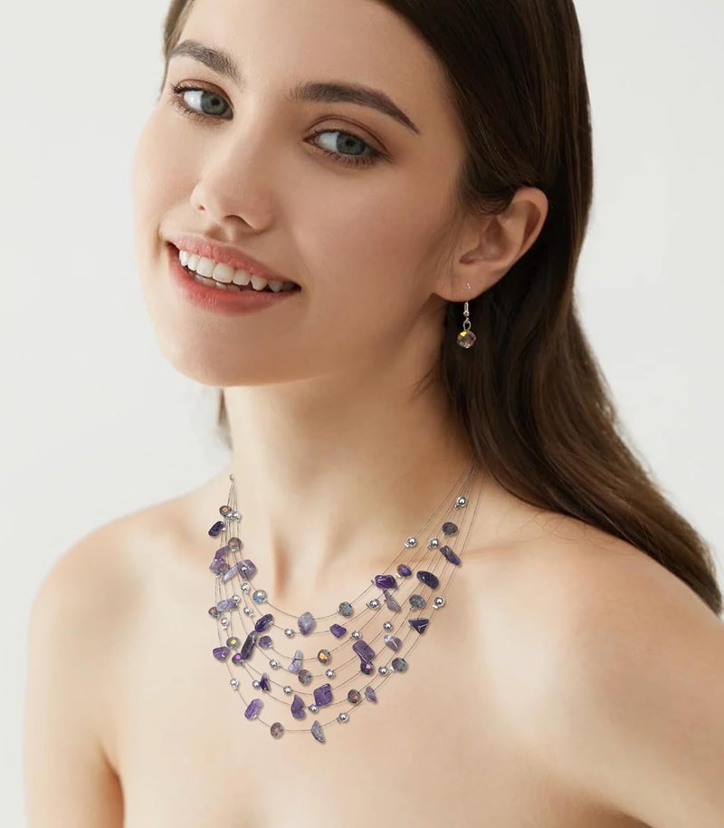 Errally Store Multi-Layer Boho Shell Beaded Necklace for Women Colorful Crystal Strand with Silver Beads Statement Collars Necklace and Earrings Costumes Jewelry Sets for Women - Image 3